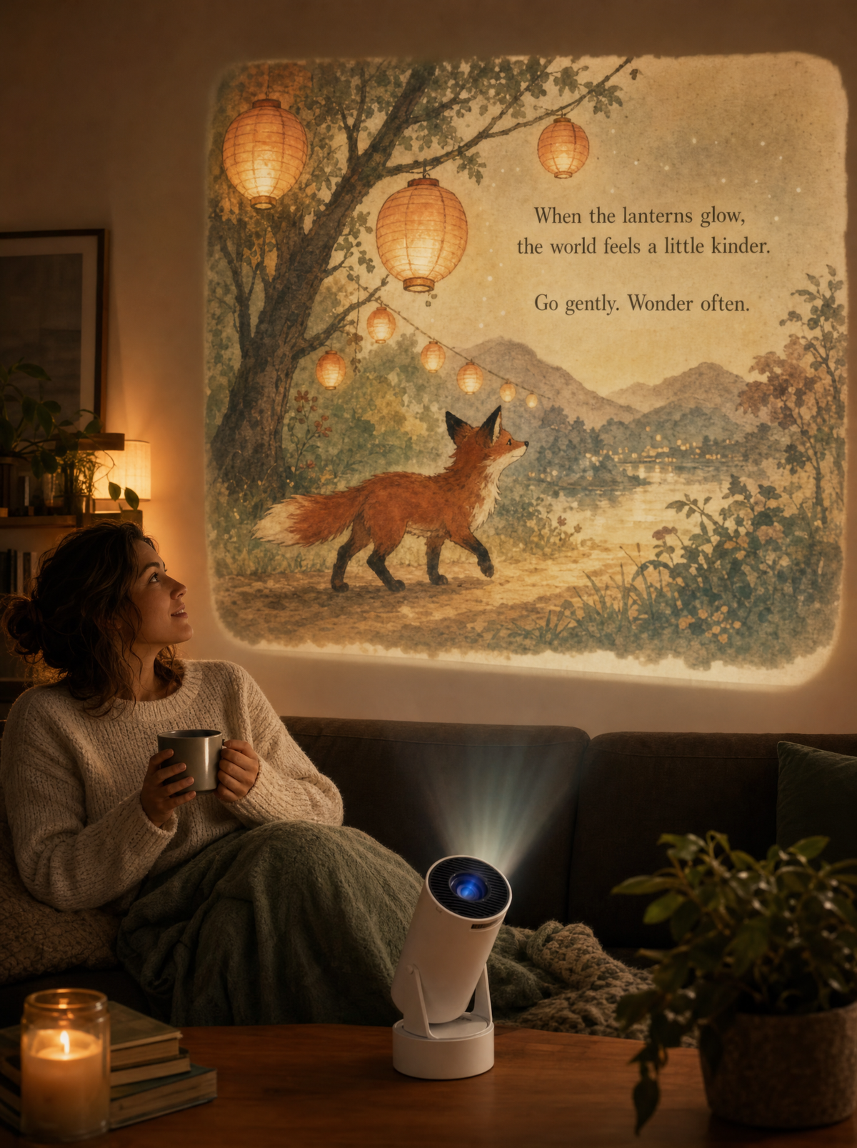 Reading by lamplight with a wall-sized page