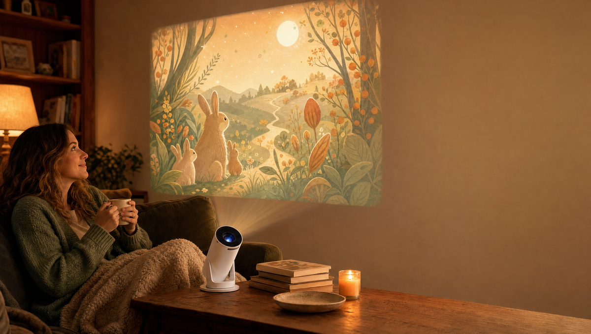 Reading by lamplight with a wall-sized page