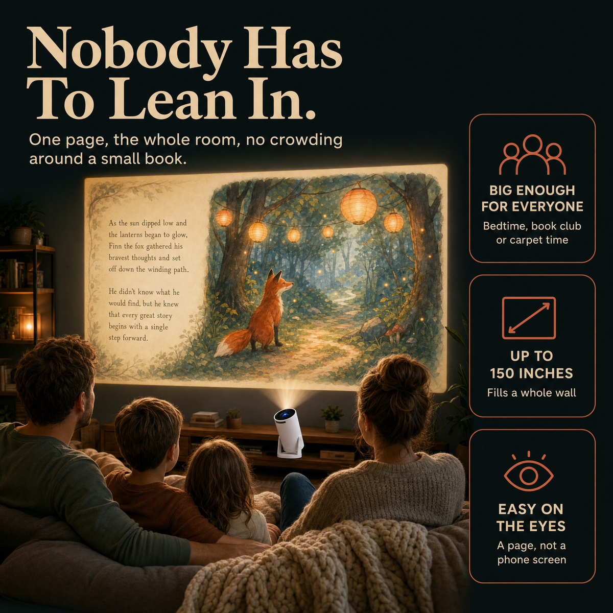 A family watching a wall-sized storybook page together