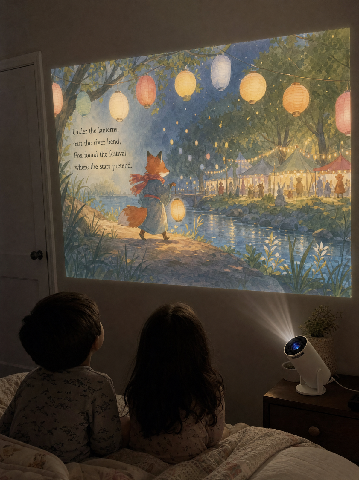 A storybook page projected on a bedroom wall at bedtime